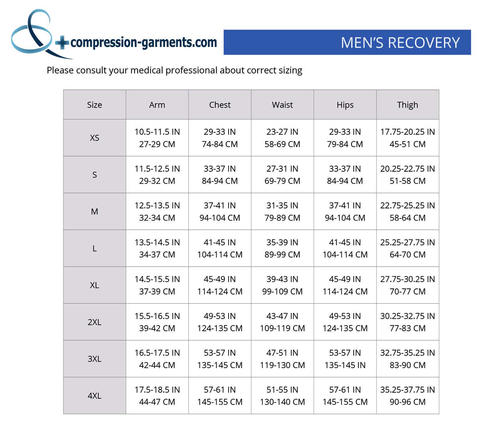 Size Chart Recovery-Mens