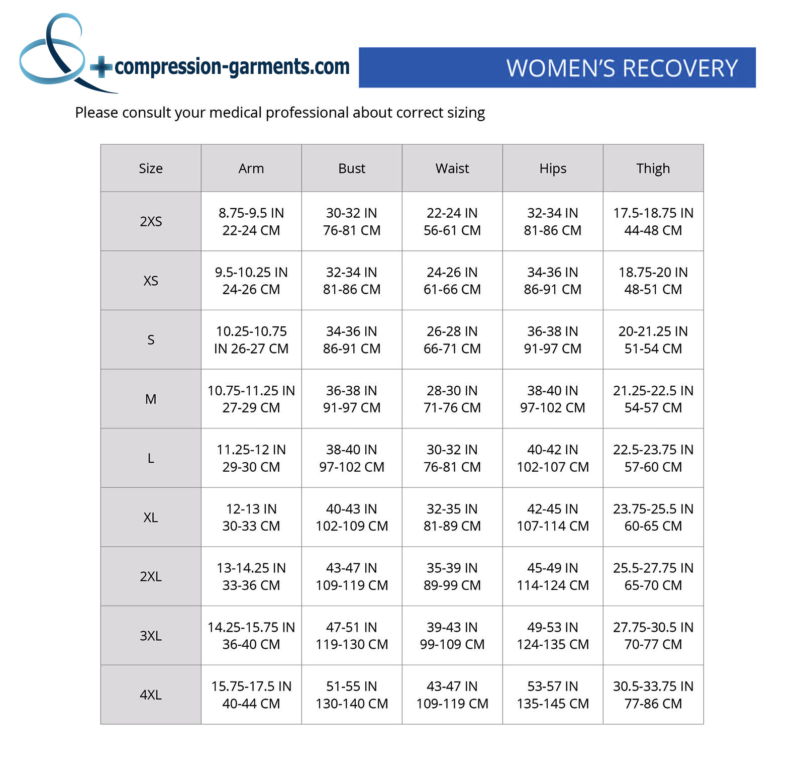 Size Chart Recovery Womens